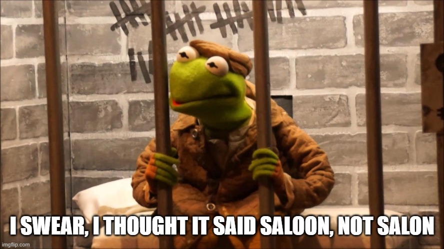 Kermit in jail | I SWEAR, I THOUGHT IT SAID SALOON, NOT SALON | image tagged in kermit in jail | made w/ Imgflip meme maker