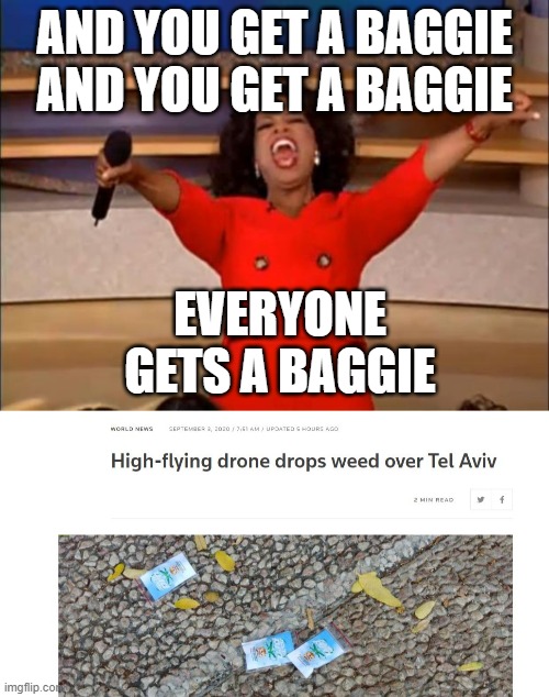 and YOU get a baggie! | AND YOU GET A BAGGIE AND YOU GET A BAGGIE; EVERYONE GETS A BAGGIE | image tagged in memes,oprah you get a,weed,fun,drone | made w/ Imgflip meme maker