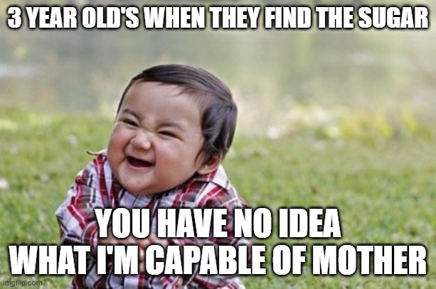 Evil Toddler Meme | 3 YEAR OLD'S WHEN THEY FIND THE SUGAR; YOU HAVE NO IDEA WHAT I'M CAPABLE OF MOTHER | image tagged in memes,evil toddler | made w/ Imgflip meme maker