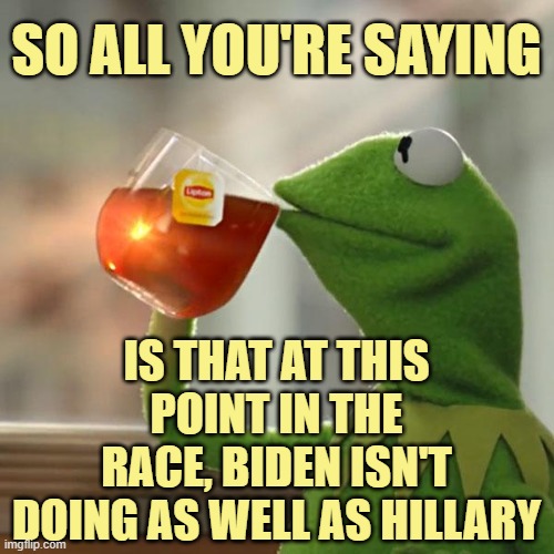 But That's None Of My Business Meme | SO ALL YOU'RE SAYING IS THAT AT THIS POINT IN THE RACE, BIDEN ISN'T DOING AS WELL AS HILLARY | image tagged in memes,but that's none of my business,kermit the frog | made w/ Imgflip meme maker