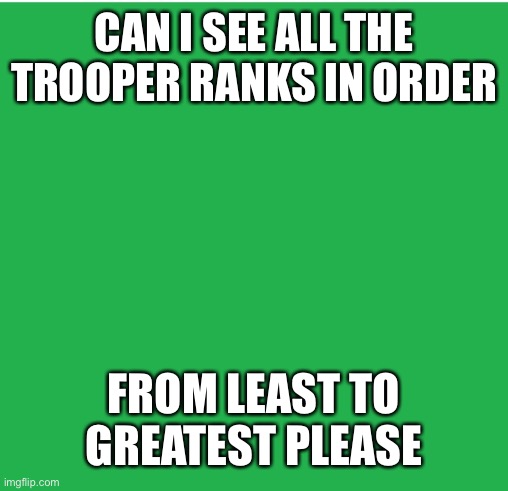 Green Screen | CAN I SEE ALL THE TROOPER RANKS IN ORDER; FROM LEAST TO GREATEST PLEASE | image tagged in green screen,memes | made w/ Imgflip meme maker