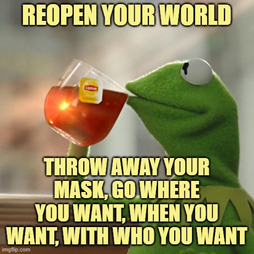 But That's None Of My Business Meme | REOPEN YOUR WORLD THROW AWAY YOUR MASK, GO WHERE YOU WANT, WHEN YOU WANT, WITH WHO YOU WANT | image tagged in memes,but that's none of my business,kermit the frog | made w/ Imgflip meme maker