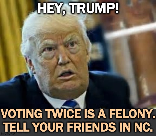 Uh-oh | HEY, TRUMP! VOTING TWICE IS A FELONY. TELL YOUR FRIENDS IN NC. | image tagged in trump,voting,crime | made w/ Imgflip meme maker