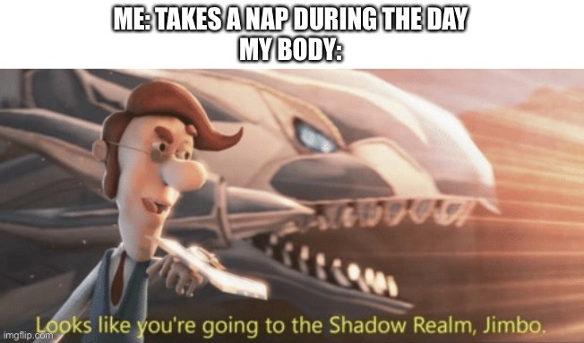 Looks like you’re going to the shadow realm jimbo | ME: TAKES A NAP DURING THE DAY
MY BODY: | image tagged in looks like you re going to the shadow realm jimbo | made w/ Imgflip meme maker