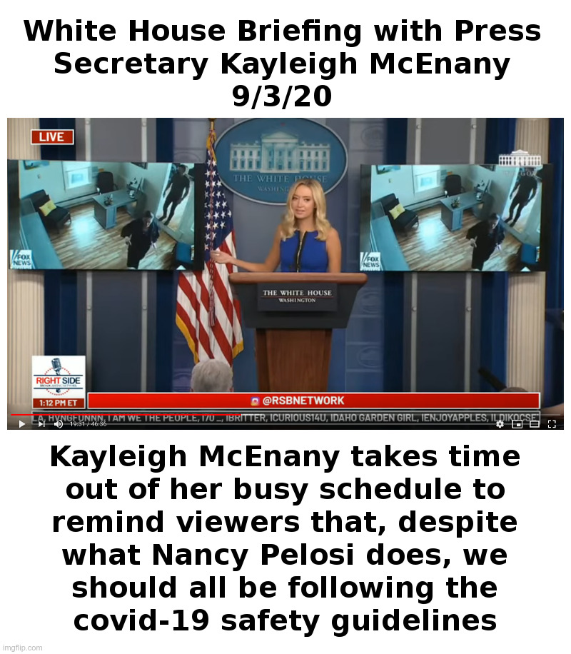White House Briefing with Press Secretary Kayleigh McEnany 9/3/20 | image tagged in kayleigh mcenany,press secretary,press conference,covid-19,nancy pelosi,owned | made w/ Imgflip meme maker