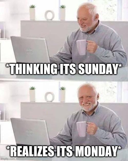 Hide the Pain Harold | *THINKING ITS SUNDAY*; *REALIZES ITS MONDAY* | image tagged in memes,hide the pain harold | made w/ Imgflip meme maker