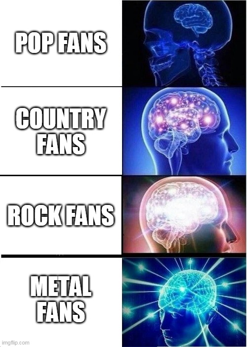 Music |  POP FANS; COUNTRY FANS; ROCK FANS; METAL FANS | image tagged in memes,expanding brain,pop,country,rock,metal | made w/ Imgflip meme maker