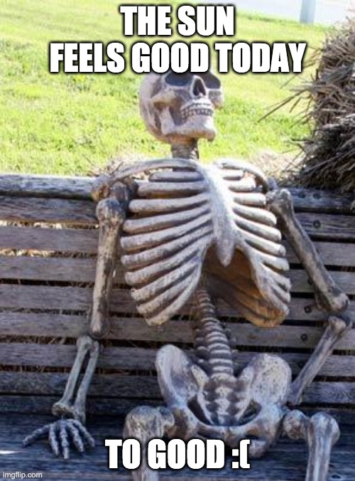 To good | THE SUN FEELS GOOD TODAY; TO GOOD :( | image tagged in memes,waiting skeleton | made w/ Imgflip meme maker