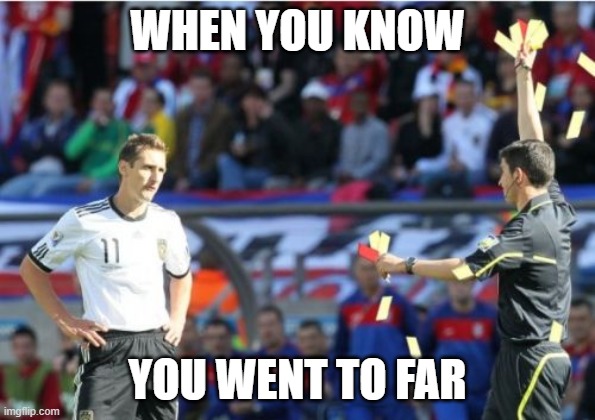 Asshole Ref | WHEN YOU KNOW; YOU WENT TO FAR | image tagged in memes | made w/ Imgflip meme maker