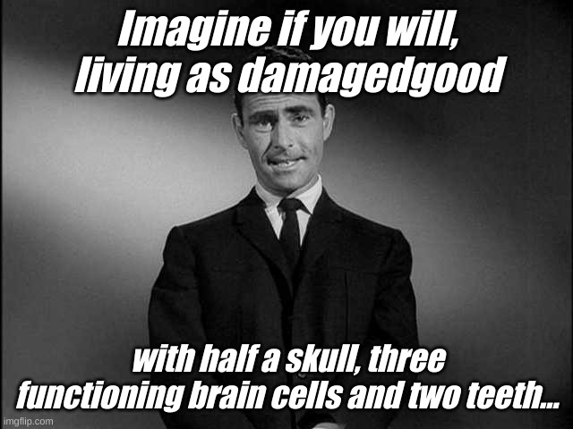 rod serling twilight zone | Imagine if you will, living as damagedgood with half a skull, three functioning brain cells and two teeth... | image tagged in rod serling twilight zone | made w/ Imgflip meme maker