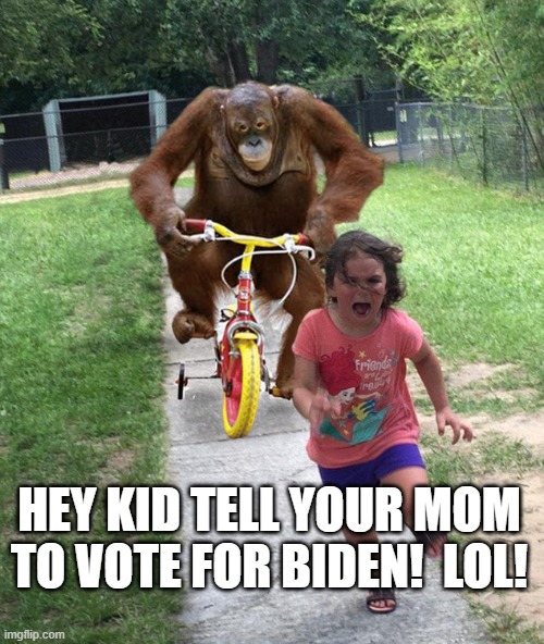 Pelosi on the Campaign Trail | HEY KID TELL YOUR MOM TO VOTE FOR BIDEN!  LOL! | image tagged in orangutan chasing girl on a tricycle | made w/ Imgflip meme maker