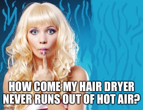 ditzy blonde | HOW COME MY HAIR DRYER NEVER RUNS OUT OF HOT AIR? | image tagged in ditzy blonde | made w/ Imgflip meme maker
