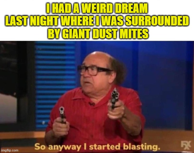 Sometimes I post a true story | I HAD A WEIRD DREAM
LAST NIGHT WHERE I WAS SURROUNDED
 BY GIANT DUST MITES | image tagged in so anyway i started blasting,memes,dustmites,nightmare,dream | made w/ Imgflip meme maker