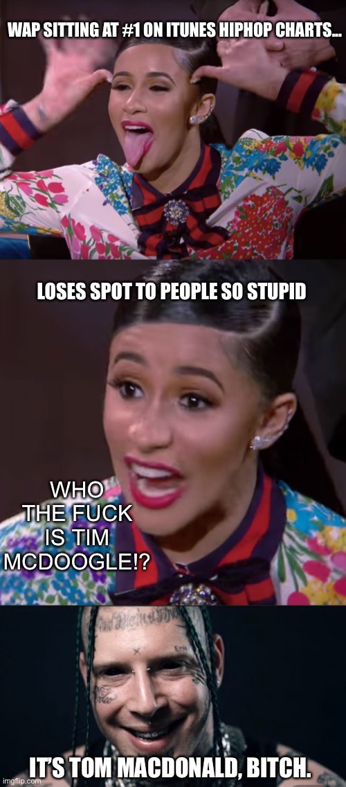 Tom MacDonald beat Cardi B | WAP SITTING AT #1 ON ITUNES HIPHOP CHARTS... LOSES SPOT TO PEOPLE SO STUPID; WHO THE FUCK IS TIM MCDOOGLE!? IT’S TOM MACDONALD, BITCH. | image tagged in cardi b,tom macdonald,itunes,hiphop | made w/ Imgflip meme maker