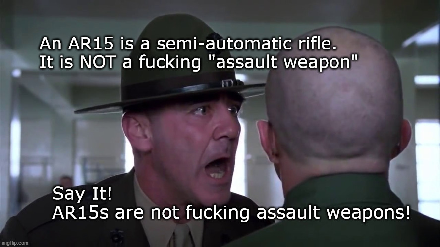 AR15 are not assault rifles | An AR15 is a semi-automatic rifle. 
It is NOT a fucking "assault weapon"; Say It! 
AR15s are not fucking assault weapons! | image tagged in gun control | made w/ Imgflip meme maker