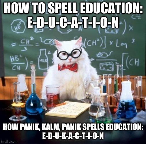 Panik Kalm Panik b like: | HOW TO SPELL EDUCATION:
E-D-U-C-A-T-I-O-N; HOW PANIK, KALM, PANIK SPELLS EDUCATION:
E-D-U-K-A-C-T-I-O-N | image tagged in memes,chemistry cat | made w/ Imgflip meme maker