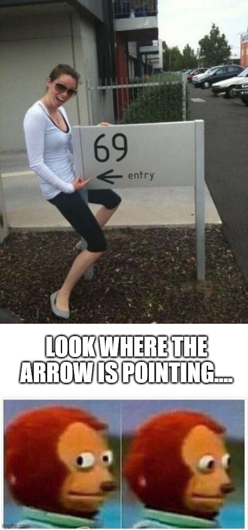 LOOK WHERE THE ARROW IS POINTING.... | image tagged in 69 street sign,memes,monkey puppet | made w/ Imgflip meme maker