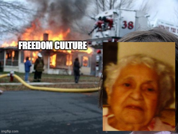 Freedom Culture: | FREEDOM CULTURE | image tagged in memes,disaster girl,great,grandma,freedom | made w/ Imgflip meme maker