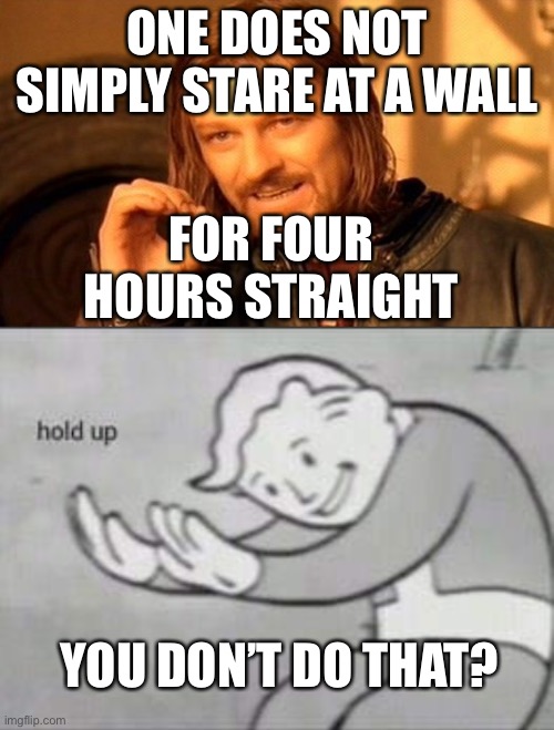 ONE DOES NOT SIMPLY STARE AT A WALL; FOR FOUR HOURS STRAIGHT; YOU DON’T DO THAT? | image tagged in memes,one does not simply,fallout hold up | made w/ Imgflip meme maker