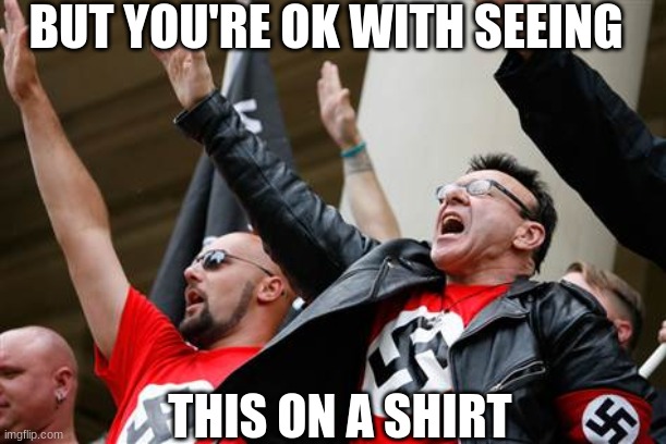 neo-Nazi | BUT YOU'RE OK WITH SEEING THIS ON A SHIRT | image tagged in neo-nazi | made w/ Imgflip meme maker