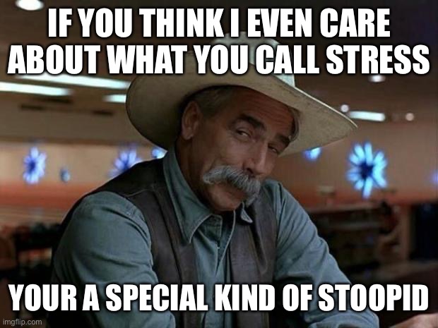 special kind of stupid | IF YOU THINK I EVEN CARE ABOUT WHAT YOU CALL STRESS; YOUR A SPECIAL KIND OF STOOPID | image tagged in special kind of stupid | made w/ Imgflip meme maker
