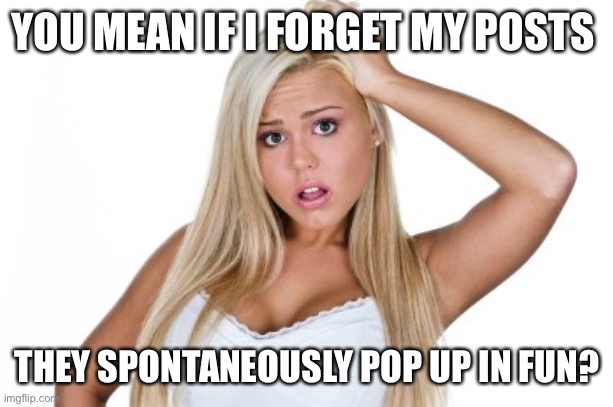 Dumb Blonde | YOU MEAN IF I FORGET MY POSTS THEY SPONTANEOUSLY POP UP IN FUN? | image tagged in dumb blonde | made w/ Imgflip meme maker