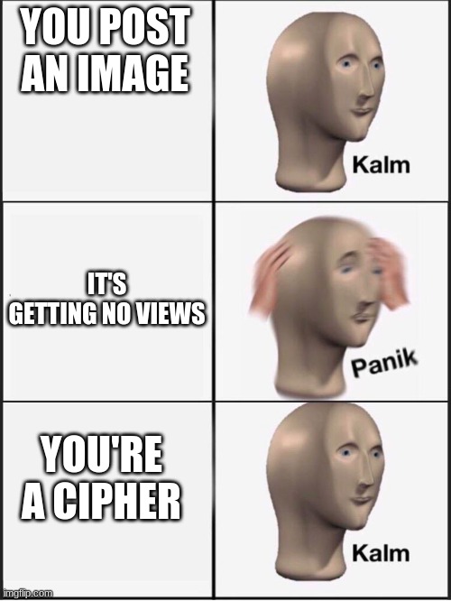 Kalm Down Cipher It's OK | YOU POST AN IMAGE; IT'S GETTING NO VIEWS; YOU'RE A CIPHER | image tagged in panik kalm panik | made w/ Imgflip meme maker