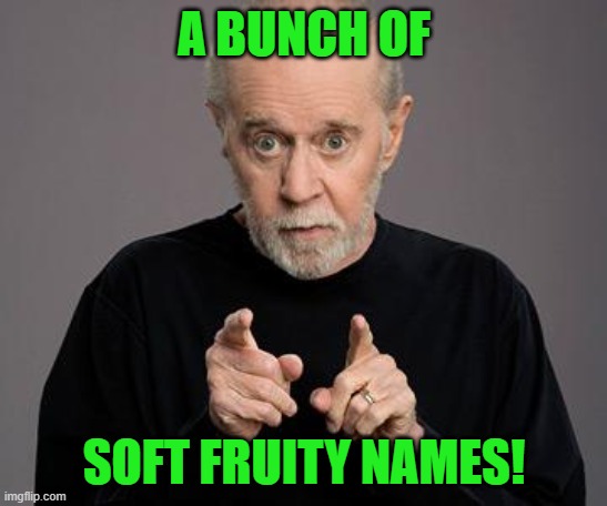 george carlin | A BUNCH OF SOFT FRUITY NAMES! | image tagged in george carlin | made w/ Imgflip meme maker