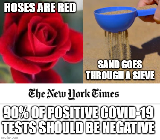 It's almost like we knew they were inflating the stats to spread hysteria this whole time | ROSES ARE RED; SAND GOES THROUGH A SIEVE; 90% OF POSITIVE COVID-19 TESTS SHOULD BE NEGATIVE | image tagged in blank white template,roses are red | made w/ Imgflip meme maker