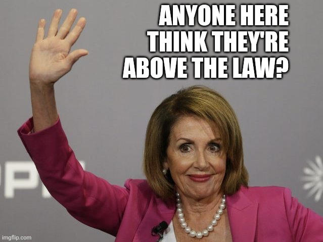 Nancy Pelosi | ANYONE HERE THINK THEY'RE ABOVE THE LAW? | image tagged in nancy pelosi,hypocrisy,salon | made w/ Imgflip meme maker