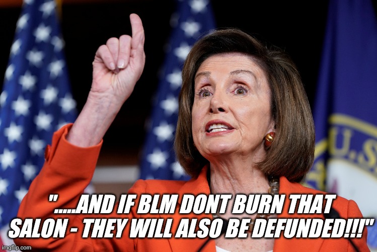 Nancy Pelosi | ".....AND IF BLM DONT BURN THAT SALON - THEY WILL ALSO BE DEFUNDED!!!" | image tagged in salon,hair,nancy pelosi,blm | made w/ Imgflip meme maker