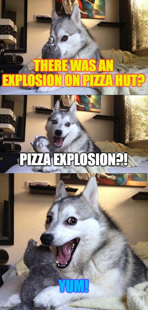 Pizza Explosion?! | THERE WAS AN EXPLOSION ON PIZZA HUT? PIZZA EXPLOSION?! YUM! | image tagged in memes,bad pun dog | made w/ Imgflip meme maker