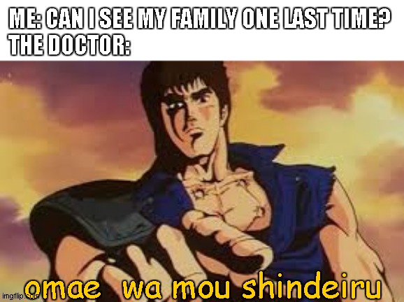 ya imma see them later | ME: CAN I SEE MY FAMILY ONE LAST TIME?
THE DOCTOR:; omae  wa mou shindeiru | image tagged in omae wa mou shindeiru | made w/ Imgflip meme maker