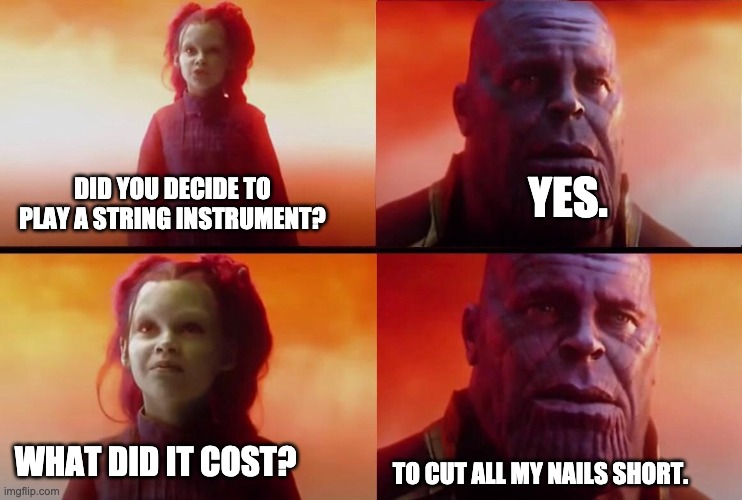 No long nails | YES. DID YOU DECIDE TO PLAY A STRING INSTRUMENT? WHAT DID IT COST? TO CUT ALL MY NAILS SHORT. | image tagged in what did it cost | made w/ Imgflip meme maker
