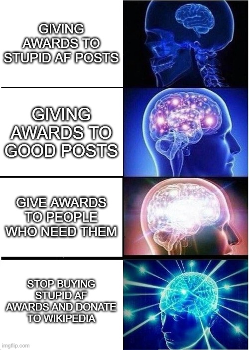 Expanding Brain Meme | GIVING AWARDS TO STUPID AF POSTS; GIVING AWARDS TO GOOD POSTS; GIVE AWARDS TO PEOPLE WHO NEED THEM; STOP BUYING STUPID AF AWARDS AND DONATE TO WIKIPEDIA | image tagged in memes,expanding brain | made w/ Imgflip meme maker