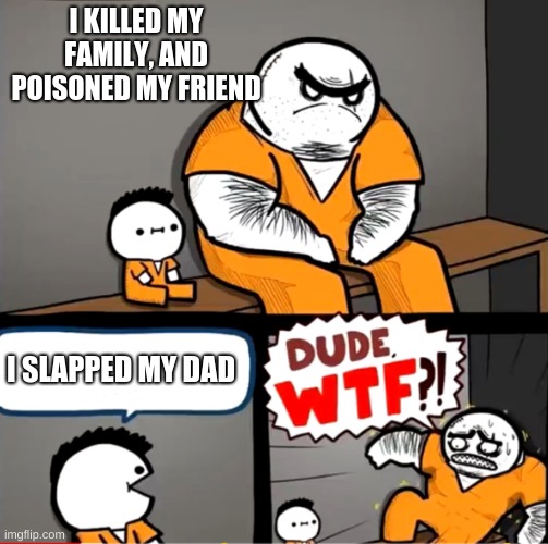 Slapping dad | I KILLED MY FAMILY, AND POISONED MY FRIEND; I SLAPPED MY DAD | image tagged in surprised bulky prisoner | made w/ Imgflip meme maker
