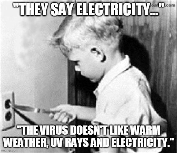 They say electricity | "THEY SAY ELECTRICITY..."; "THE VIRUS DOESN'T LIKE WARM WEATHER, UV RAYS AND ELECTRICITY." | image tagged in president trump,covid-19 | made w/ Imgflip meme maker