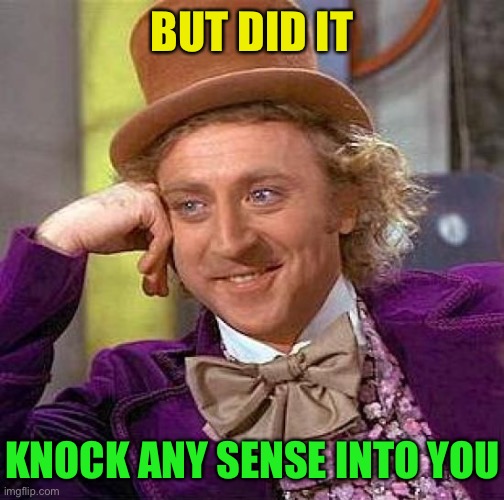 Creepy Condescending Wonka Meme | BUT DID IT KNOCK ANY SENSE INTO YOU | image tagged in memes,creepy condescending wonka | made w/ Imgflip meme maker