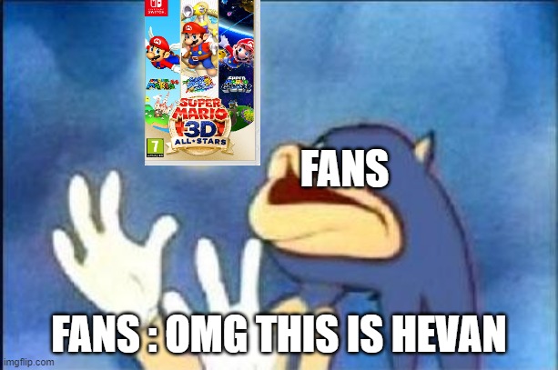 Sonic derp | FANS; FANS : OMG THIS IS HEVAN | image tagged in sonic derp | made w/ Imgflip meme maker