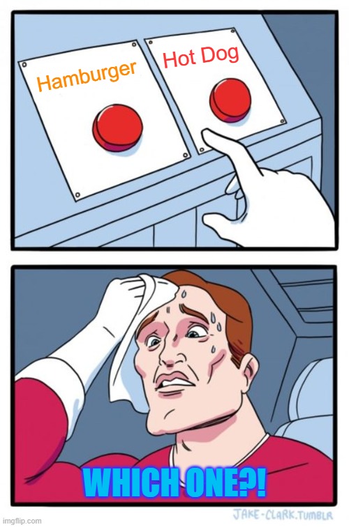 Two Buttons Meme | Hot Dog; Hamburger; WHICH ONE?! | image tagged in memes,two buttons | made w/ Imgflip meme maker