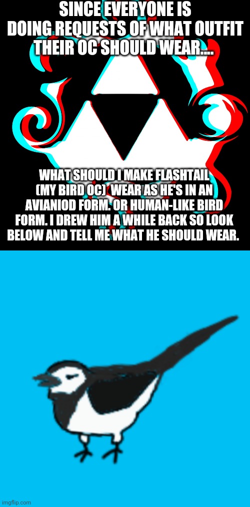 Why is this something that's gonna be popular? | SINCE EVERYONE IS DOING REQUESTS OF WHAT OUTFIT THEIR OC SHOULD WEAR.... WHAT SHOULD I MAKE FLASHTAIL (MY BIRD OC)  WEAR AS HE'S IN AN AVIANIOD FORM. OR HUMAN-LIKE BIRD FORM. I DREW HIM A WHILE BACK SO LOOK BELOW AND TELL ME WHAT HE SHOULD WEAR. | image tagged in dj corviknight's anoucments | made w/ Imgflip meme maker