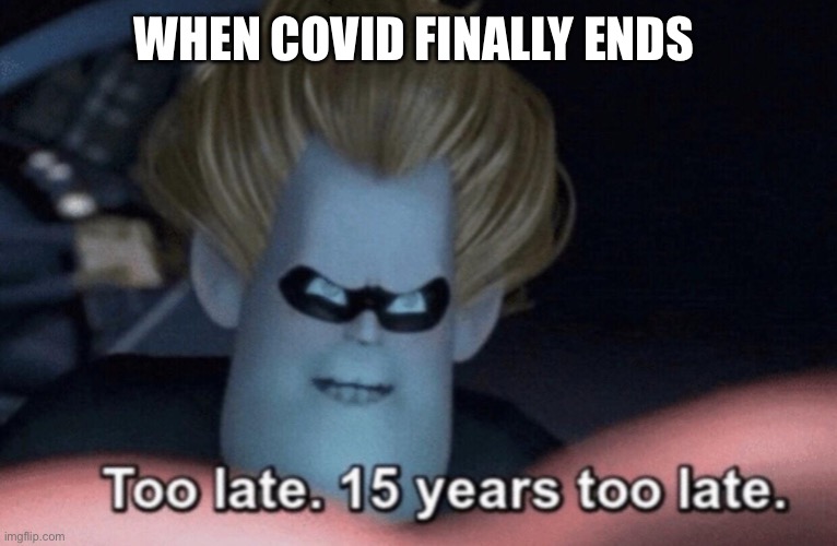 Too Late | WHEN COVID FINALLY ENDS | image tagged in too late | made w/ Imgflip meme maker