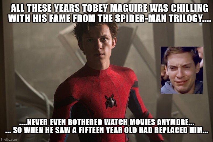 Tobey Maguire replaced | ALL THESE YEARS TOBEY MAGUIRE WAS CHILLING WITH HIS FAME FROM THE SPIDER-MAN TRILOGY.... ....NEVER EVEN BOTHERED WATCH MOVIES ANYMORE...

... SO WHEN HE SAW A FIFTEEN YEAR OLD HAD REPLACED HIM... | image tagged in tobey maguire,spiderman,spiderman peter parker,tom holland,memes,superheroes | made w/ Imgflip meme maker