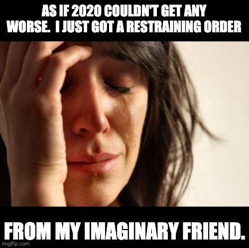 Bad year | AS IF 2020 COULDN'T GET ANY WORSE.  I JUST GOT A RESTRAINING ORDER; FROM MY IMAGINARY FRIEND. | image tagged in memes,first world problems | made w/ Imgflip meme maker