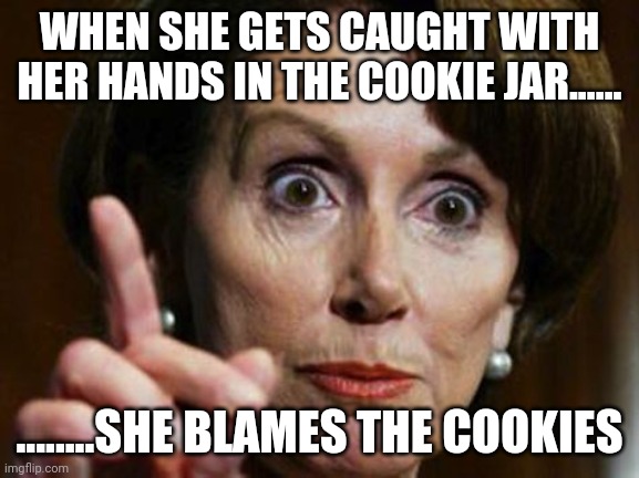 Nancy Pelosi No Spending Problem | WHEN SHE GETS CAUGHT WITH HER HANDS IN THE COOKIE JAR...... ........SHE BLAMES THE COOKIES | image tagged in nancy pelosi no spending problem | made w/ Imgflip meme maker