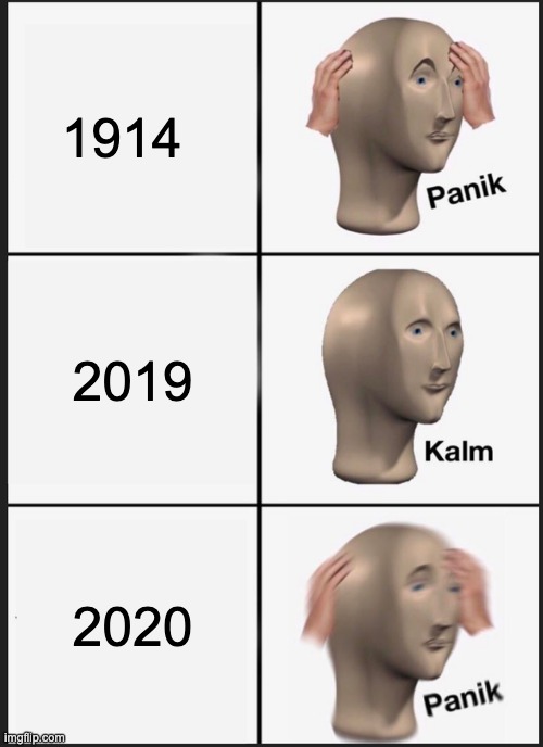 Panik Kalm Panik | 1914; 2019; 2020 | image tagged in memes,panik kalm panik | made w/ Imgflip meme maker