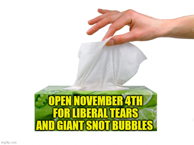 Kleenex | OPEN NOVEMBER 4TH
FOR LIBERAL TEARS AND GIANT SNOT BUBBLES | image tagged in kleenex | made w/ Imgflip meme maker