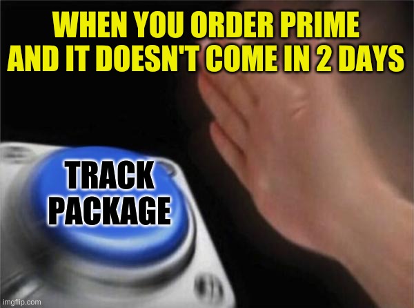 Blank Nut Button Meme | WHEN YOU ORDER PRIME AND IT DOESN'T COME IN 2 DAYS; TRACK PACKAGE | image tagged in memes,blank nut button | made w/ Imgflip meme maker