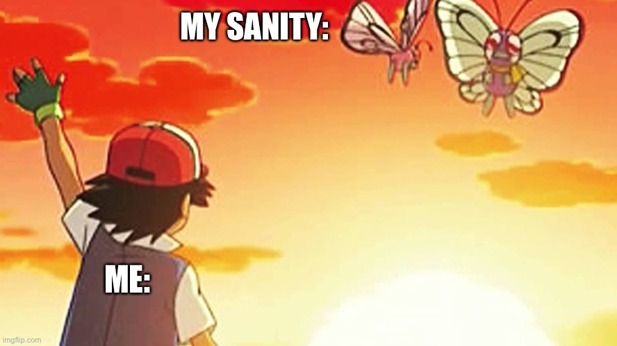 Bye bye butterfree | MY SANITY:; ME: | image tagged in bye bye butterfree | made w/ Imgflip meme maker