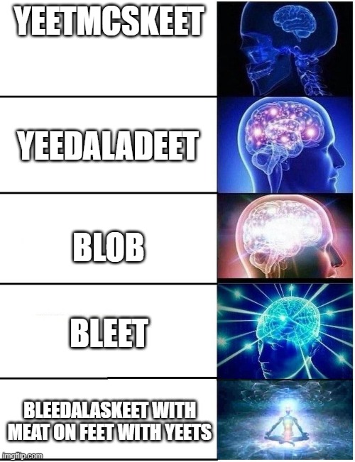 The holy words | YEETMCSKEET; YEEDALADEET; BLOB; BLEET; BLEEDALASKEET WITH MEAT ON FEET WITH YEETS | image tagged in expanding brain 5 panel,words of wisdom,yeah this is big brain time,i am smort,thank you | made w/ Imgflip meme maker